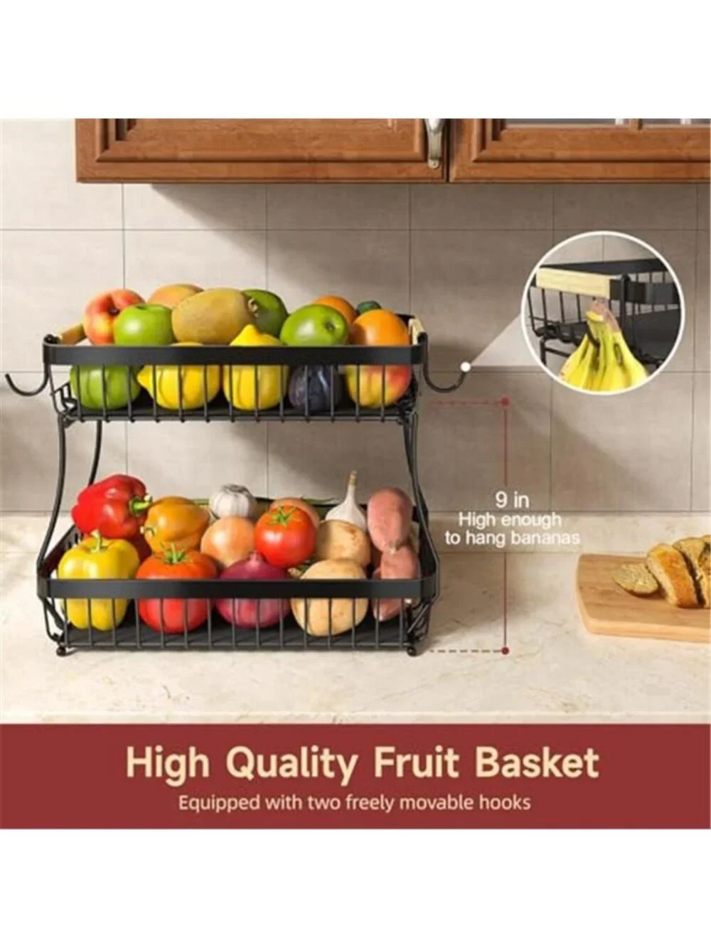 2-Tier Fruit Basket with Banana Hangers, Detachable Metal Bowl